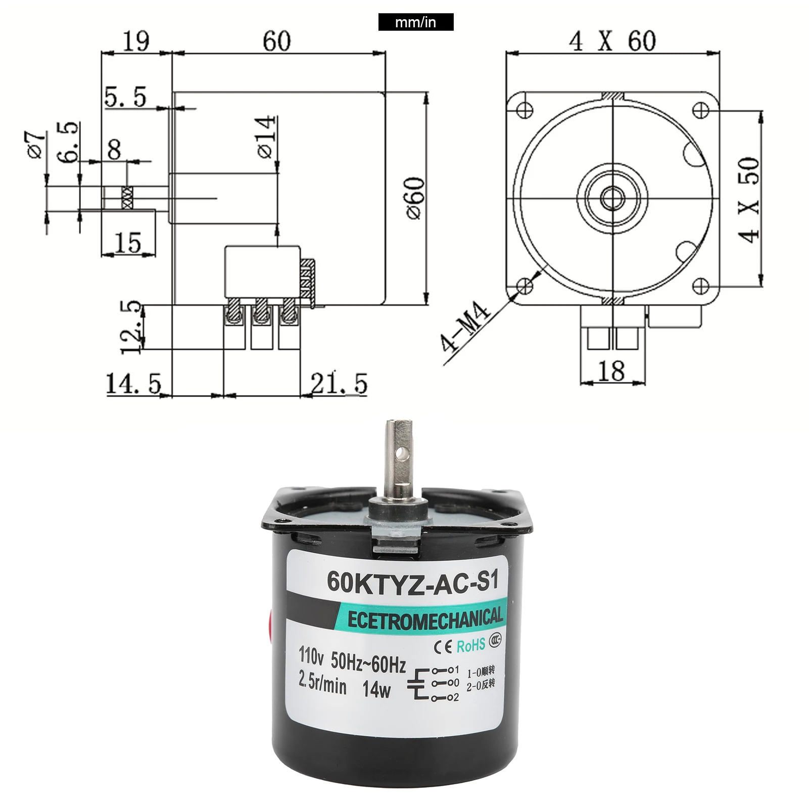 AC Synchronous Motor 14W Permanent Magnet Slow Speed 2-Way High Torsion Central Shaft XD60KTYZ AC Synchronous Motor Micro Motor