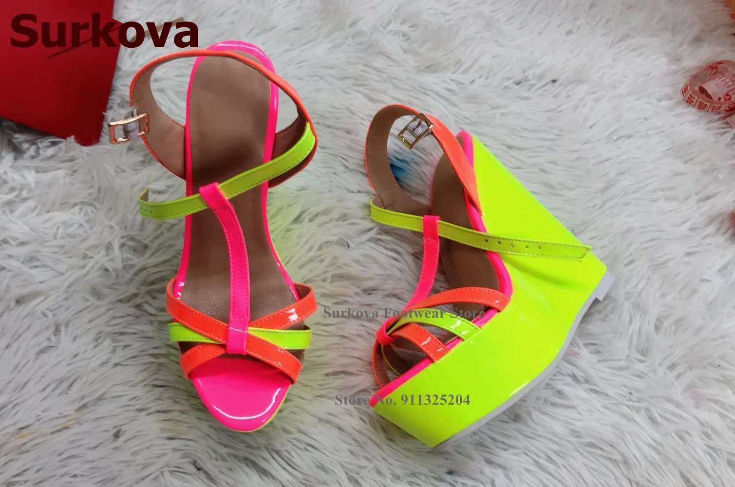 Surkova Neon Yellow Wedge Heel Sandals Orange Pink Patent Leather Patchwork Wedding Shoes Real Photo T-bar Banquet Pumps Size46