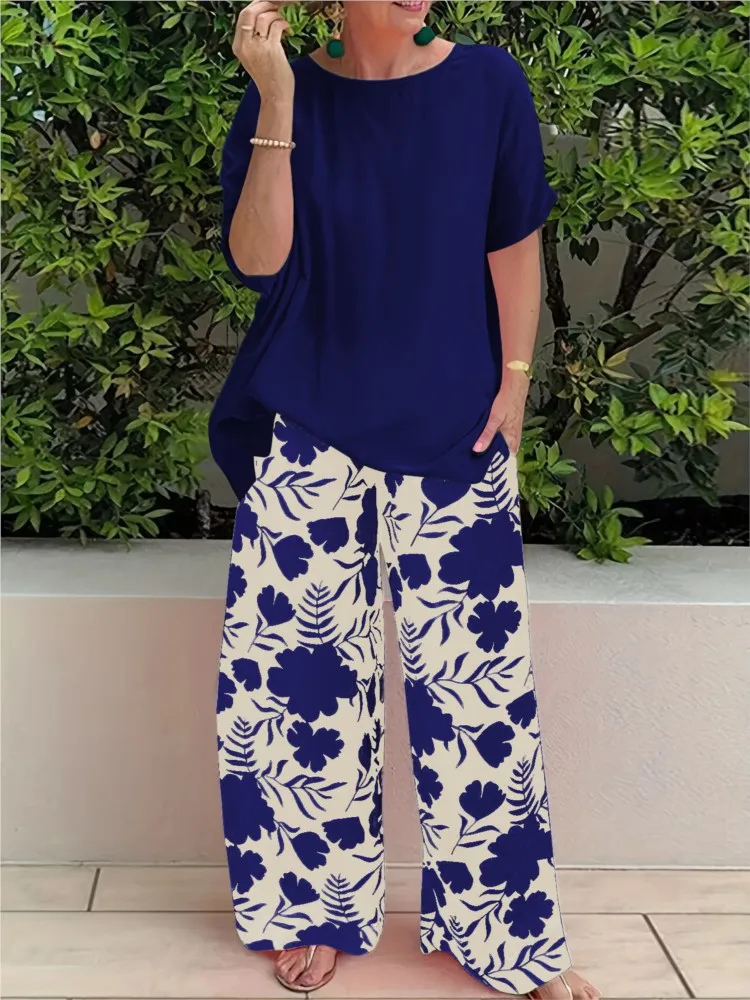 Set casual da donna Top a maniche corte larghi solidi e pantaloni lunghi a gamba larga con stampa Set da 2 pezzi per le donne Abiti estivi da donna