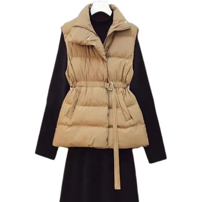 韓国風サッシュベルト付きノースリーブベストジャケット レディース キルティングパフベスト 綿入り冬用ウエストコート レディース スタンドカラー