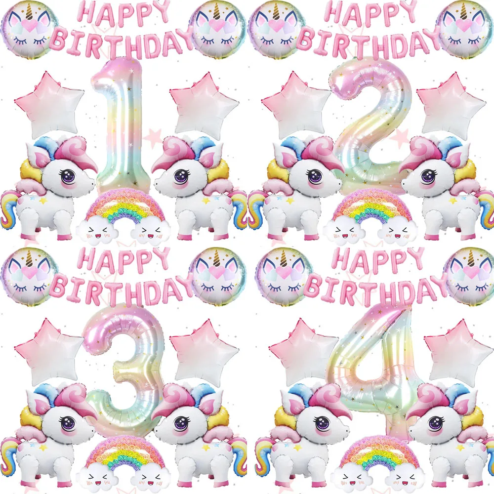 Rainbow Pony Rose Rainbow Birthday Happy Letter and Number Ballon-Set, geeignet für Geburtstage, Hochzeiten und Jubiläen