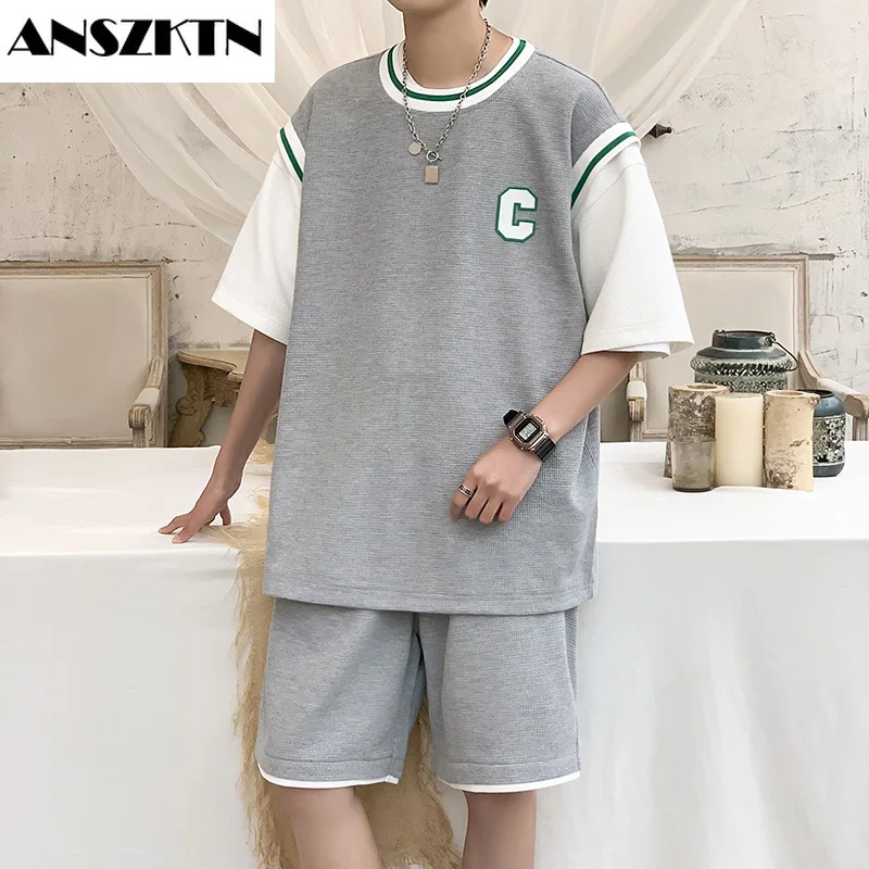 ANSZKTN Men's Waffle T-shirt short sleeves shorts fake two-piece set summer loose tide brand casual sports Harbor style