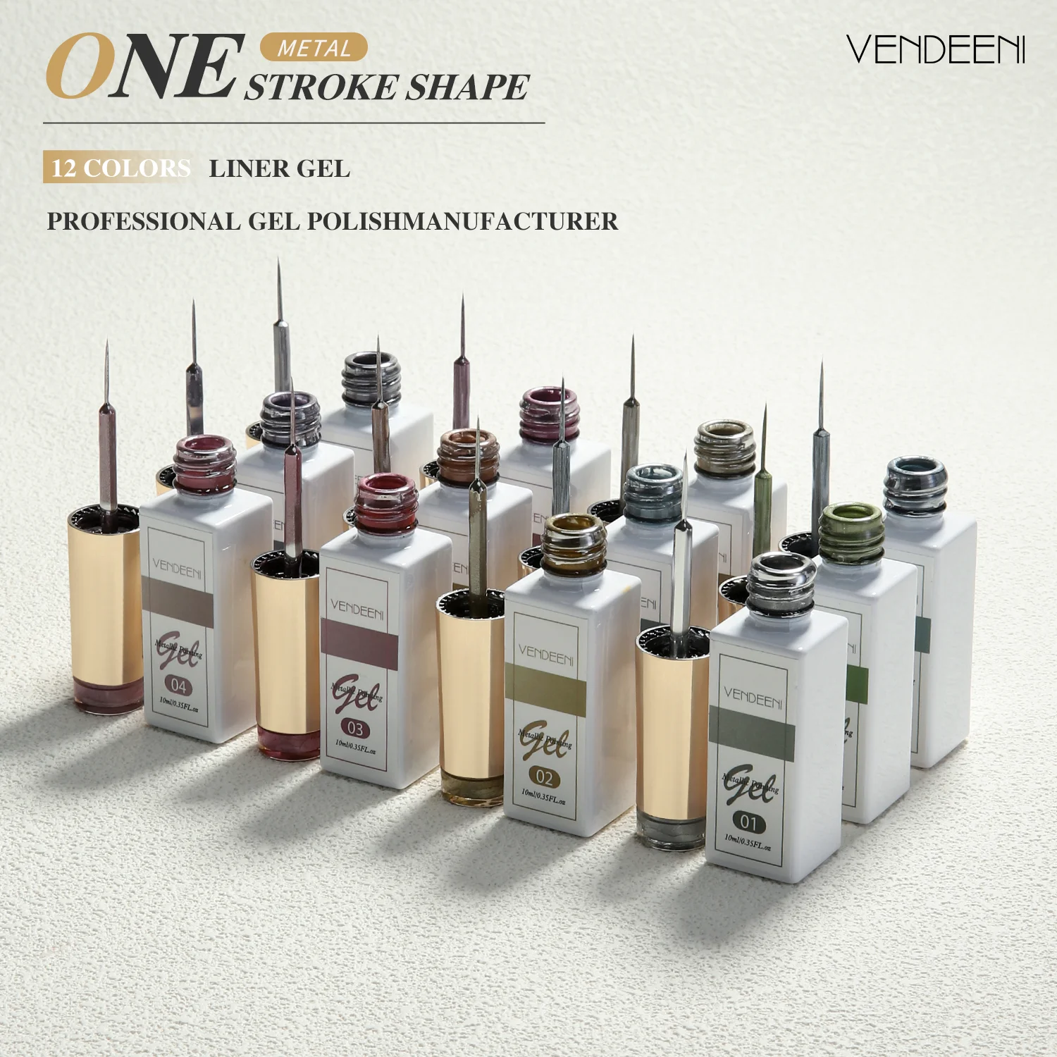 Vendeeni Best Quality Top Material 12colors Metallic Liner Gel Polish Collection 12ml Silver Rose Gold Metal Gel Liner Nail Art