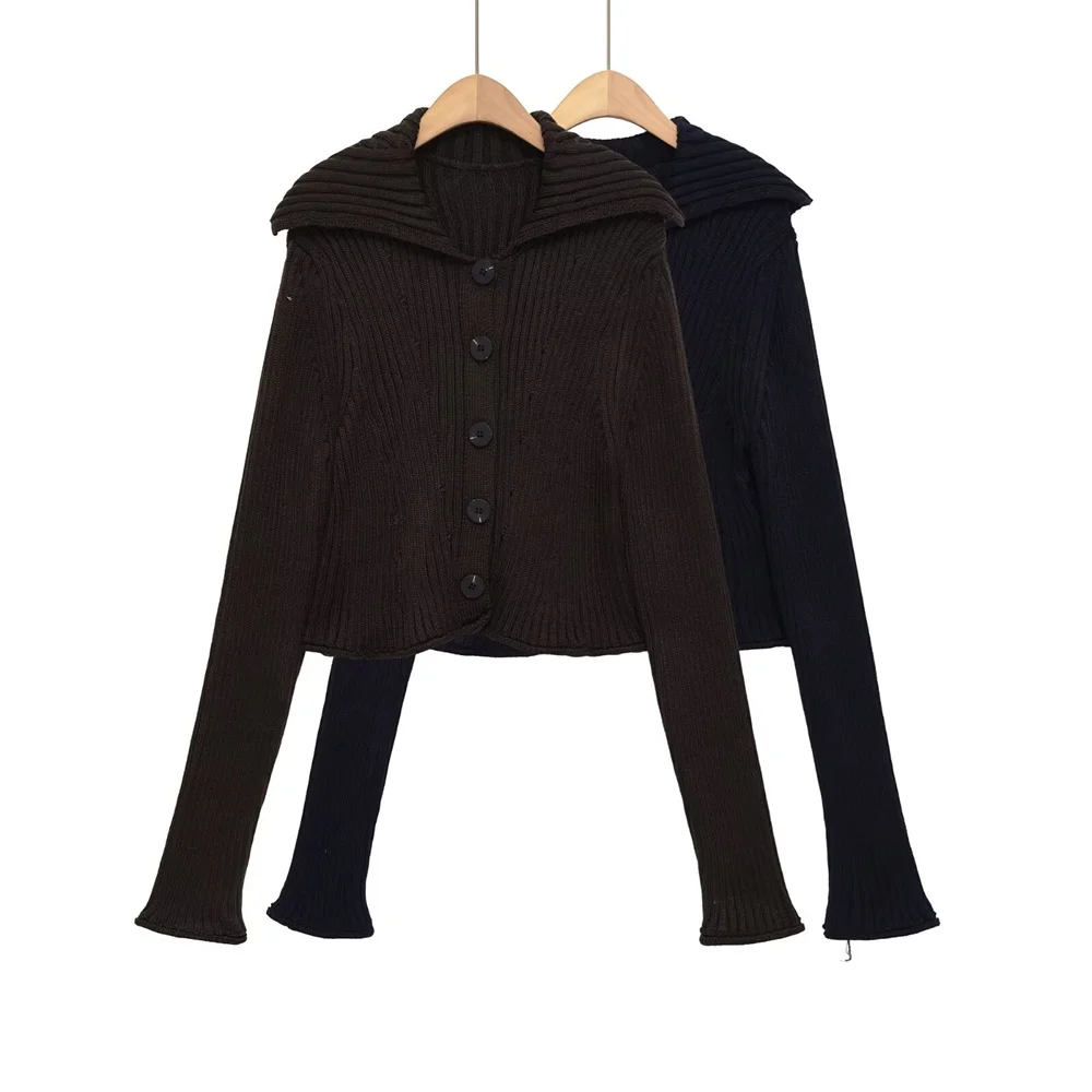 

Осенне-зимняя новая женская одежда, однобортный вязаный жакет с длинными рукавами и воротником в рубчик во французском стиле