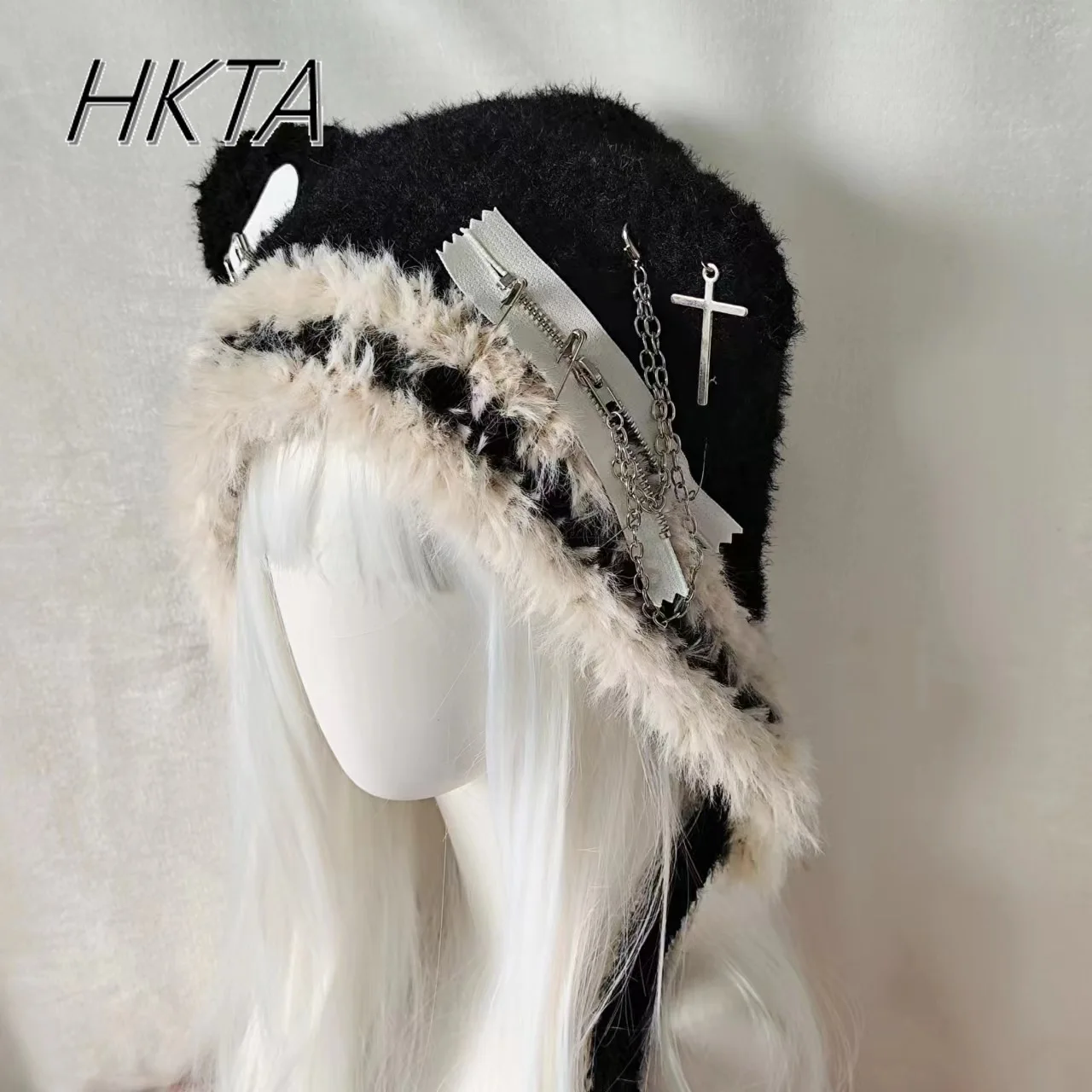 Cute Subculture Plush Cartoon Bear Hat Women Black Goth Style Cross Knitted Cap Punk Ear Caps Wool Warm Winter Hats