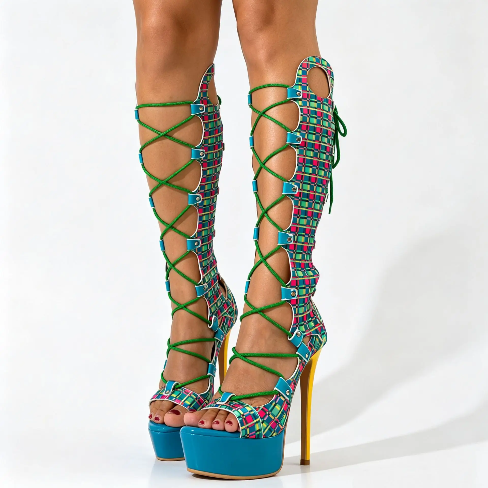 1 Turquoise Pink Patchwork Checkered Summer Boots Stilettos Platform Knee Sandal Boots Matched Color Plaided Lace-Up Caged Shoes