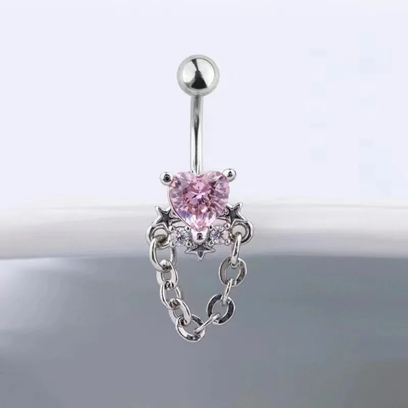 Piercing de ombligo de circón de corazón rosa, anillos de botón, colgante de mariposa, barra de vientre de acero quirúrgico, joyería para el cuerpo