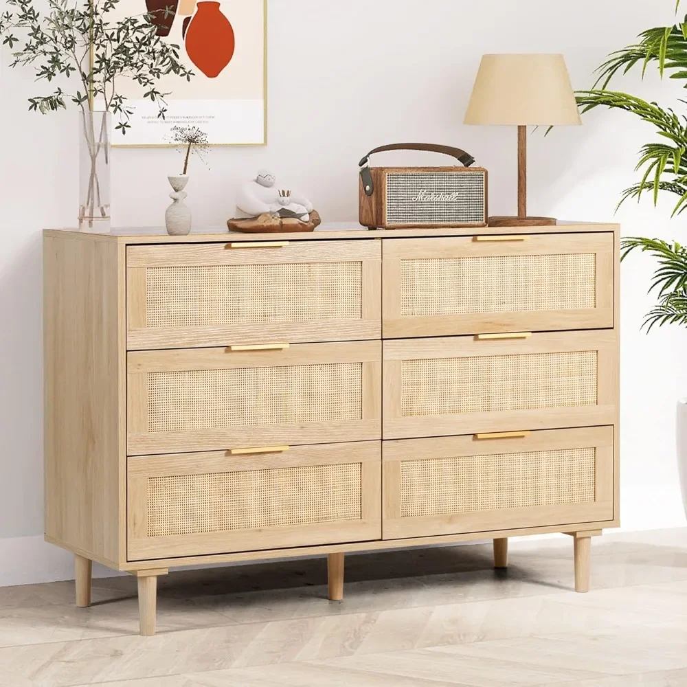 6 Drawer Dresser Rattan Dresser Modern Chest with Drawers,Wood Storage Closet Dressers Chest of Drawers for Bedroom