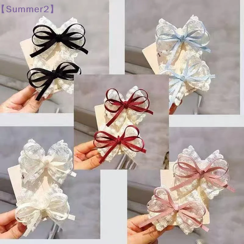 

【Xia2】2Pcs Blue Red Black Hair Clip Bow Hairpins Cloth Bow Side Bangs Clip Ribbon Hair Pins Barrettes Headwear Girls{S}