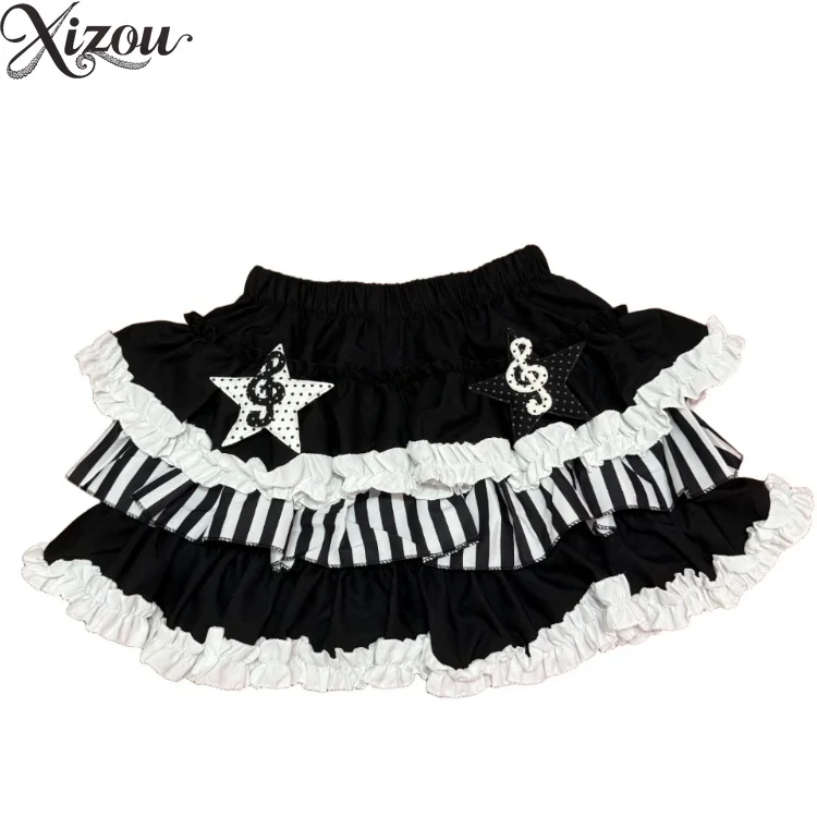Girls' Y2k Skirt Original Design Sweet & Cool Vintage Black and White Striped Musical Note Sweet Retro Cake Skirt Summer