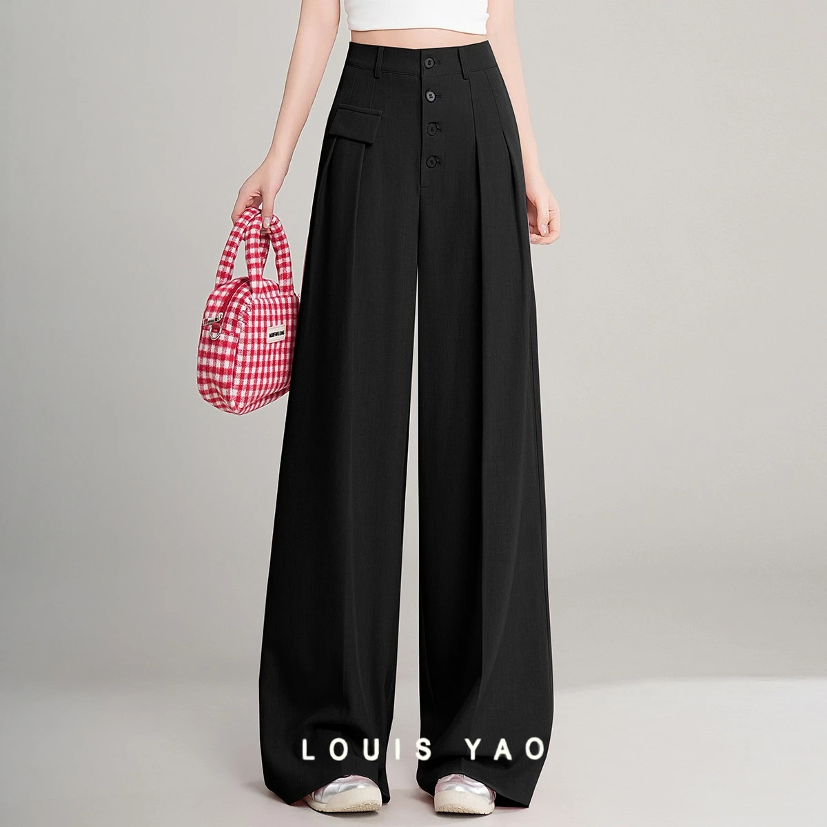 

LOUIS YAO New Retro Casual Pants 2025 Summer Buckle Hanging Surface Patch Decorative Bag Cover Women's High Waist Pants