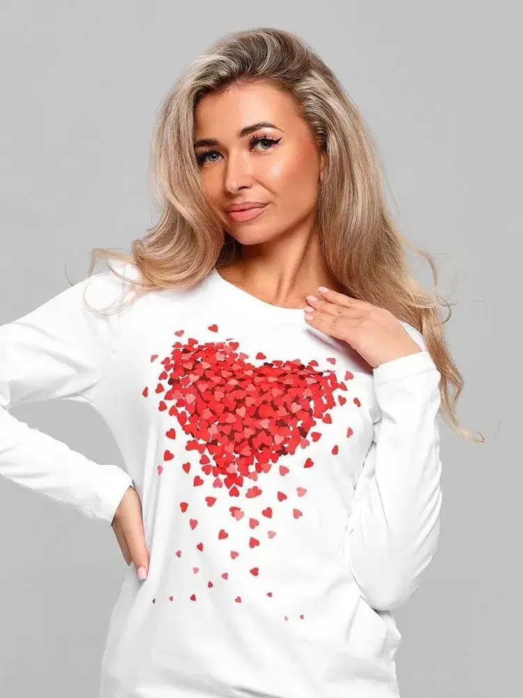 Cienka bluza damska z długim rękawem, 100% bawełna, słodka, estetyczna, czerwona, urocza, z nadrukiem serca, top Y2K, duży rozmiar.
