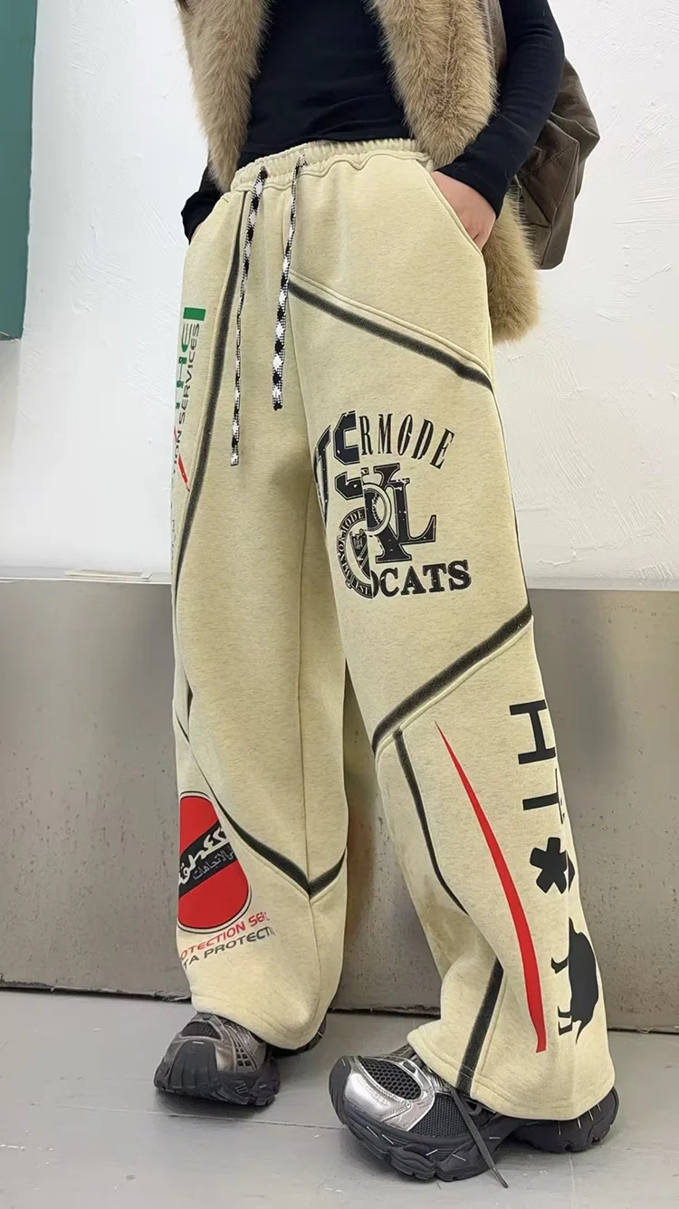 سراويل كبيرة الحجم مطبوعة بحروف عتيقة سراويل نسائية شتوية من الصوف غير رسمية بلوزات على الموضة اليابانية الكورية Vestdios Y2k #2