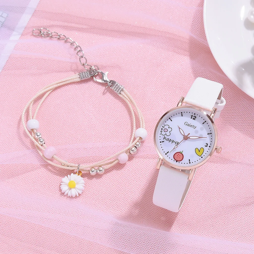 Kids Watches Pink Cute Children's Wristwatch Cartoon Pattern Quartz Watch Set for Girls Fashion Students' Clock Relogio Feminino