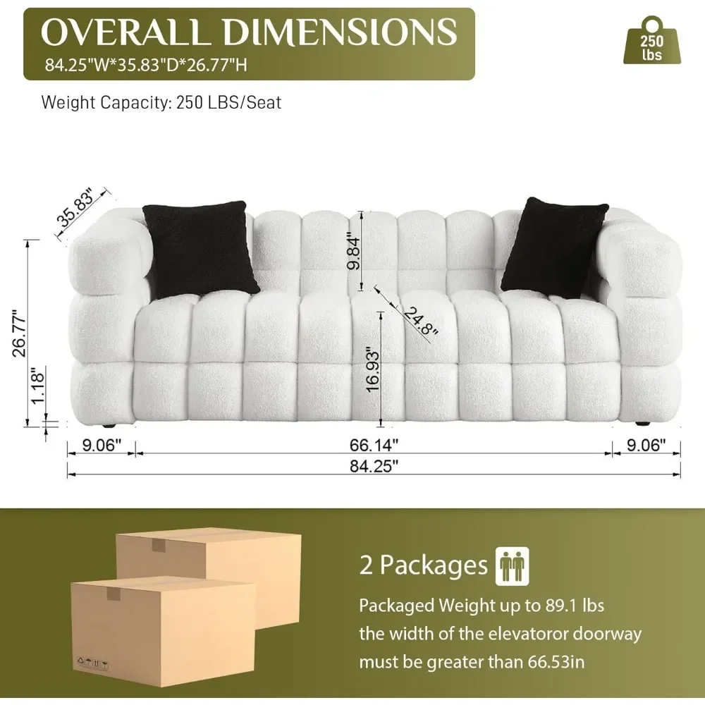 Sofa Couch, 84.3inch Upholstered Sherpa Deep Seat Cloud Couch,3 Seater Couch with 2 Pillows for Living Room Apartment Office