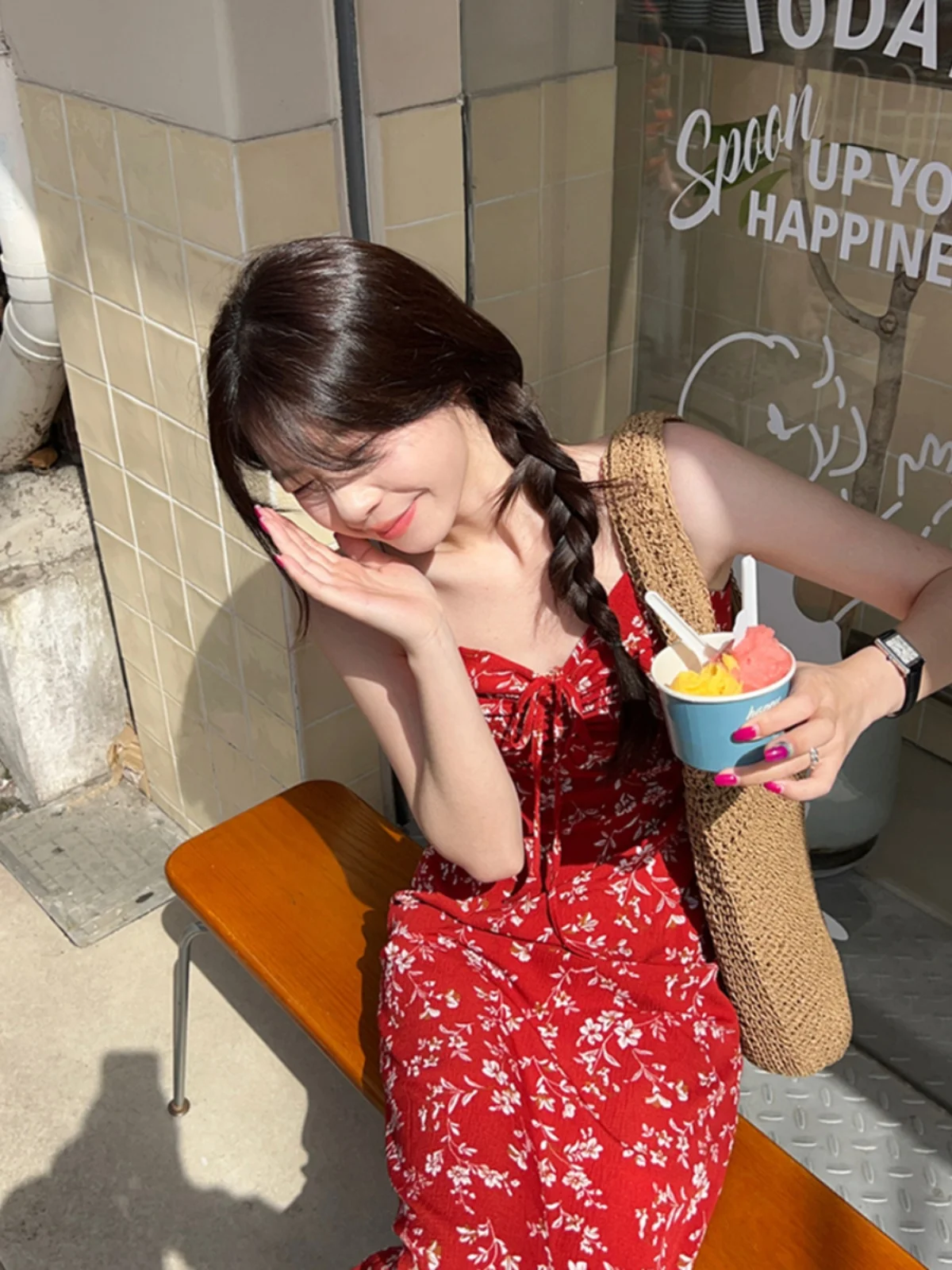 กระโปรงชายหาดลายดอกไม้สีแดง ter Dr กระโปรงชายหาดฤดูร้อนของผู้หญิงกระชับสัดส่วนยาว Dr Commute Sle No Sve V-Ne A-...