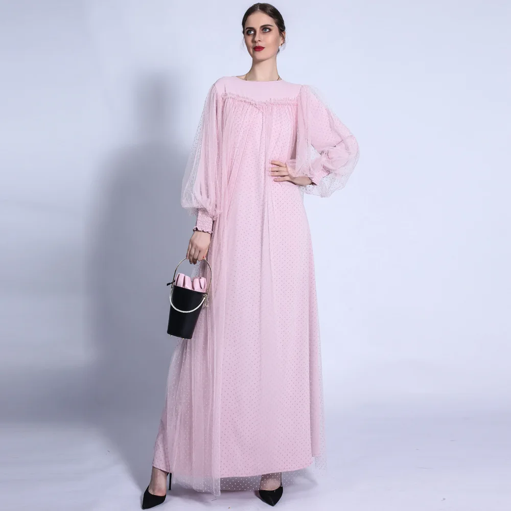 

Women Party Wedding Long Dress Mesh Muslim Long Dress Arabic Abaya Islamic Puff Sleeve Summer Dress Malaysia Middle East Dubai