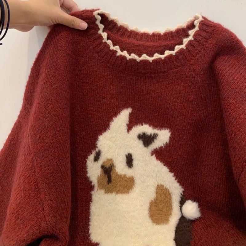 DAYIFUN Raccoon Velvet Rabbit Knitted Sweater Women's Design Sense Round Neck Red Ladies Pullover Autumn Winter Thick Inner Top