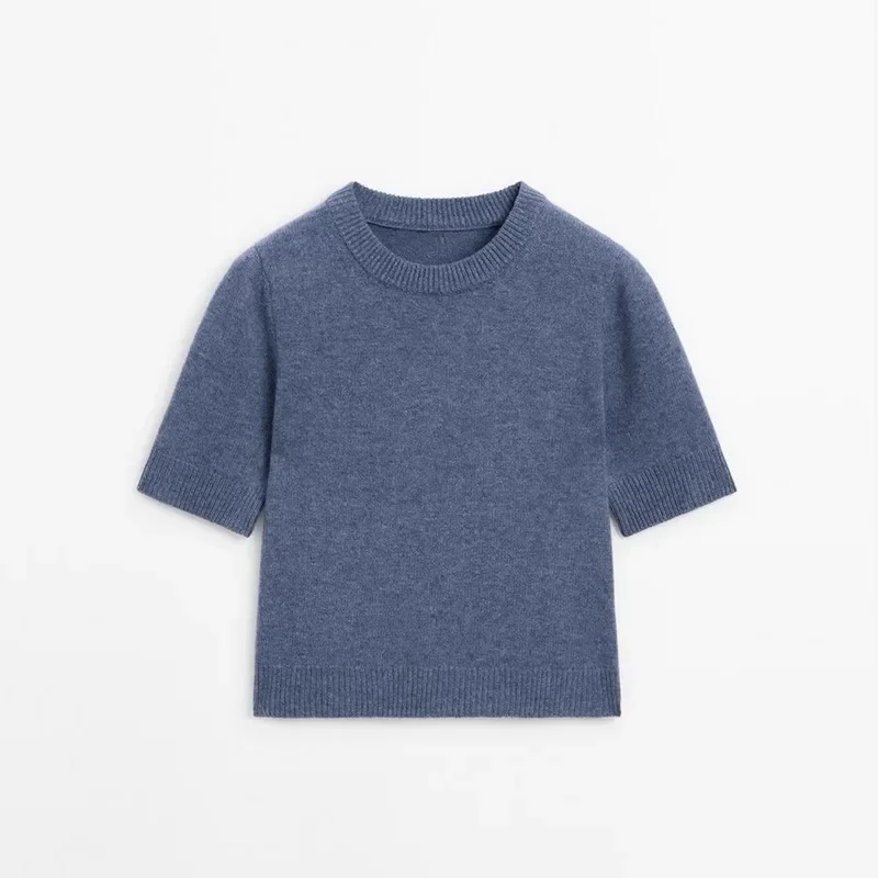 

Ethereal costume 2025 massidutti autumn new style of Women's fashion blue soft waxy round neck short-sleeved sweater