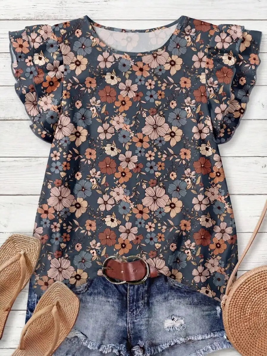 Women's Floral Print Round Neck Ruffle Sleeve Blouse, Casual Spring Summer Top