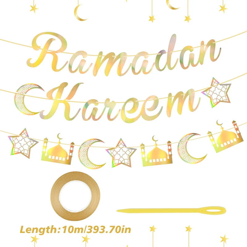 Ramadan Kareem Paper Banner Garland Gold Eid Mubarak Moon Star Hanging Ornaments Islamic Muslim Decoration for Home Party Supply