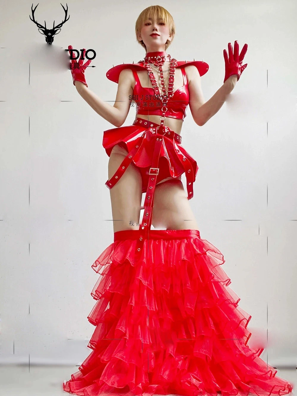 Disfraz de baile de cantante de club nocturno, traje de cuero rojo, vestido de baile moderno para escenario, traje de dj para mujer