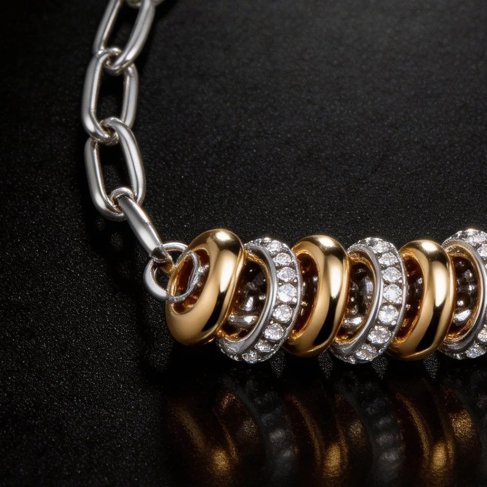 Two Tone Rotating Bead Link Bracelet Embellished with Swarovski Crystals Copper Gold Silver Plated Women Jewelry Bridal Gift