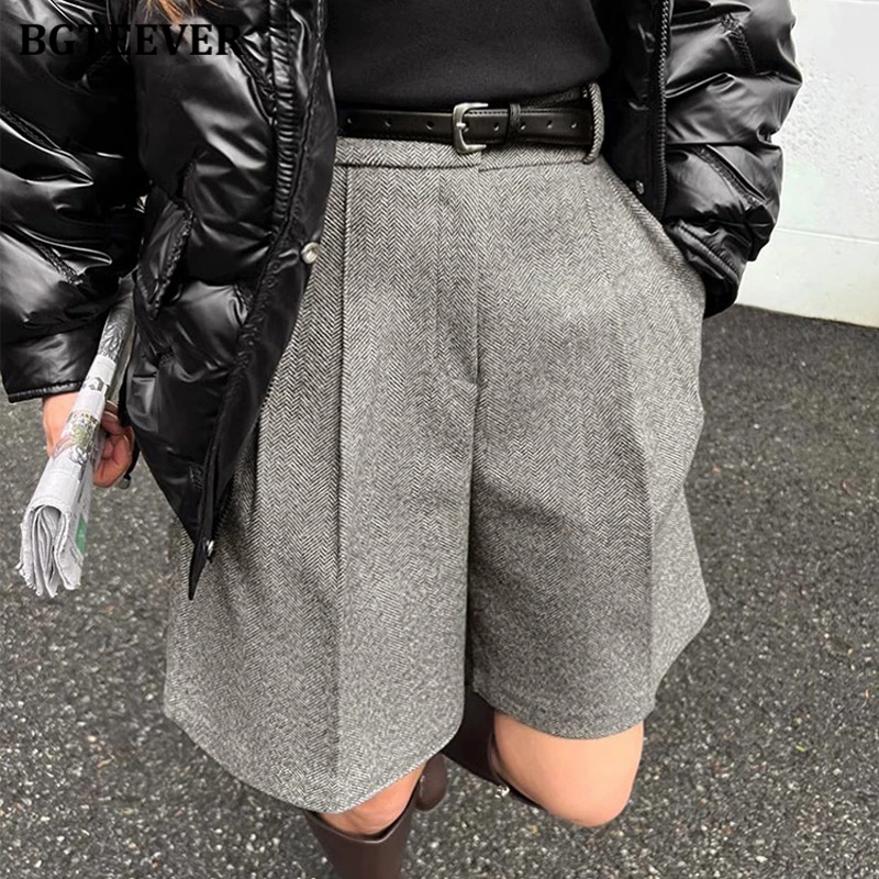 BGTEEVER Casual High Waist Pockets Female Wide Leg Woolen Shorts Autumn Winter Thicke Warm Loose Women Shorts