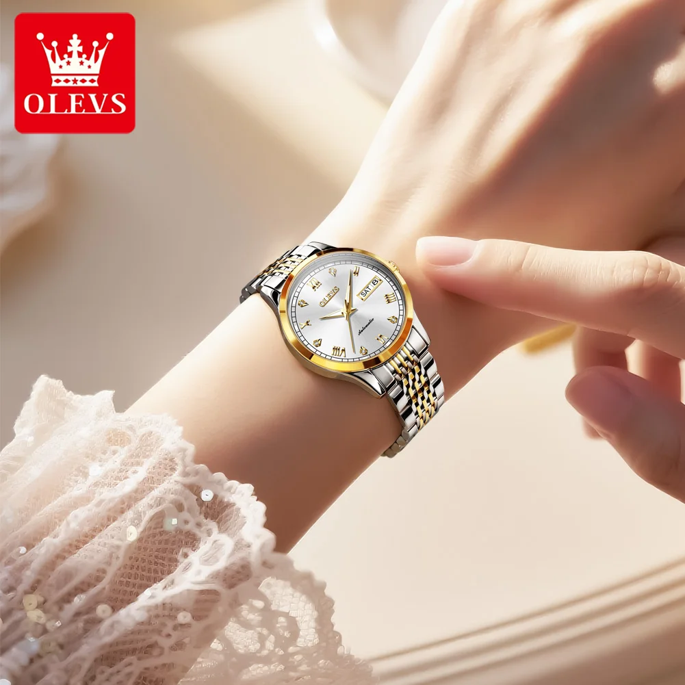 OLEVS Original Automatic Watches for Women Luxury Dress Women Watches Waterproof Day Date Stainless Steel Mechanical Wristwatch