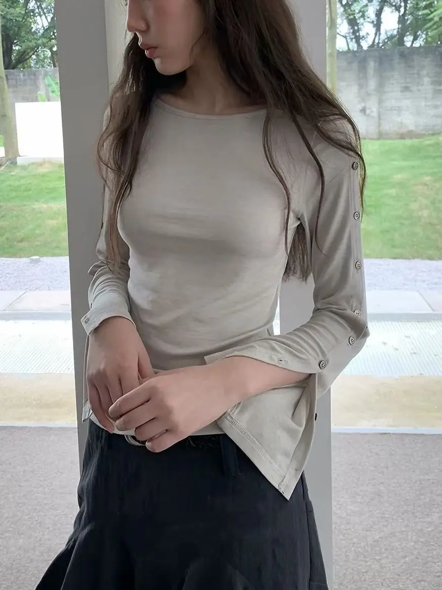 Kimotimo Autumn New Button Flare Sleeve T-Shirt Women Versatile Long Sleeve Top Commuter Slim Fit High-End Ins Style Blouse