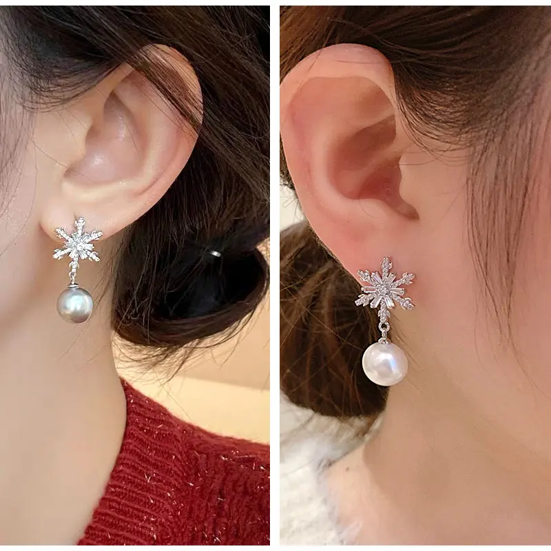 Sweet Christmas Snowflake Stud Earrings For Women 925 Sterling Silver Grey Pearl Pendant Wedding Earrings