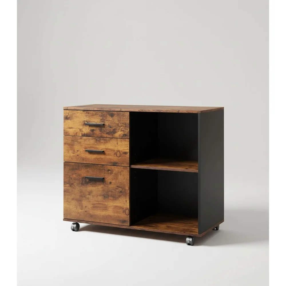 

Мобильный шкаф для документов с 3 ящиками и запирающимися колесами, боковое хранилище из коричневого дерева в деревенском стиле для домашнего офиса