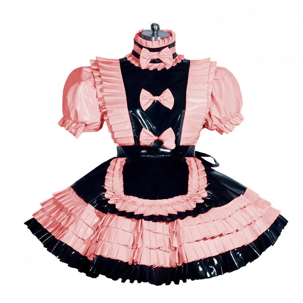 French Bowtie Maid Unifroms Lolita Lockable Pleated Mini Dress Short Sleeve  A-line Sissy PVC Faux Latex Party Fetish Cosplay