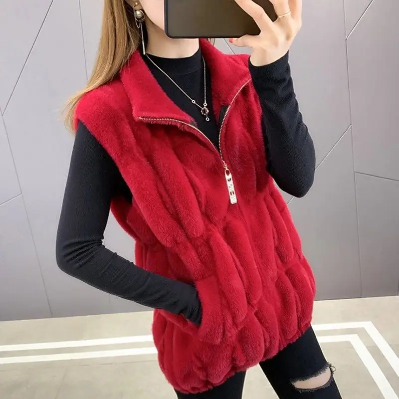 Slimming Faux Mink Knit Cardigan for Women 2025 Korean Autumn Vest with Zipper Versatile Outerwear