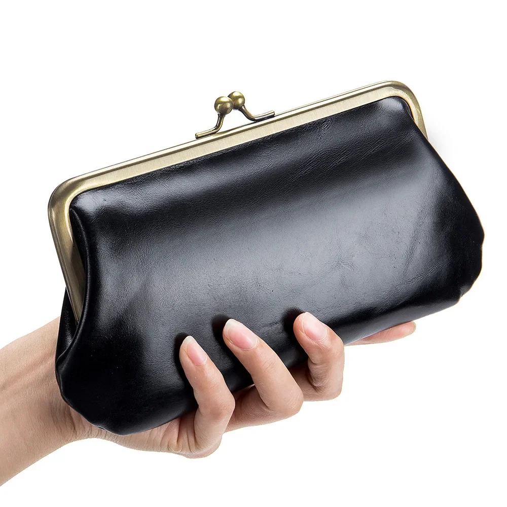 Vintage Women Clutch Wallet Genuine Leather Clip Purses Female Card Holder Long Wallets Kiss Lock Clutches Evening Bags