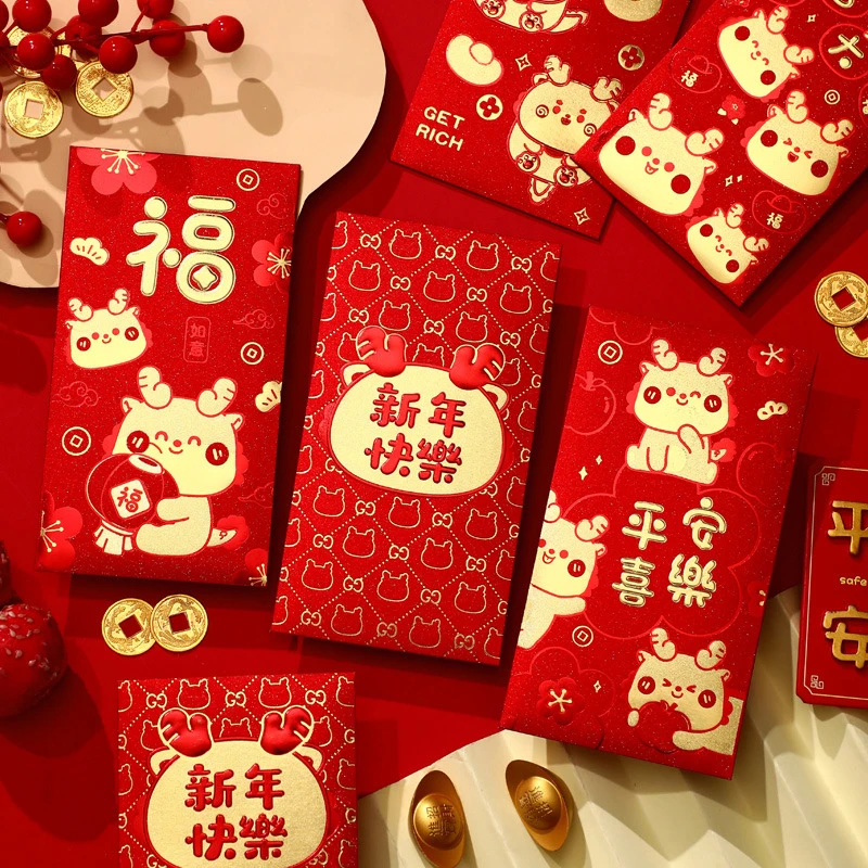 Enveloppes à motif de dragon du zodiaque, paquet rouge, style chinois, sac d'argent porte-bonheur, fournitures de nouvel an, mignon, 2024, 6 pièces