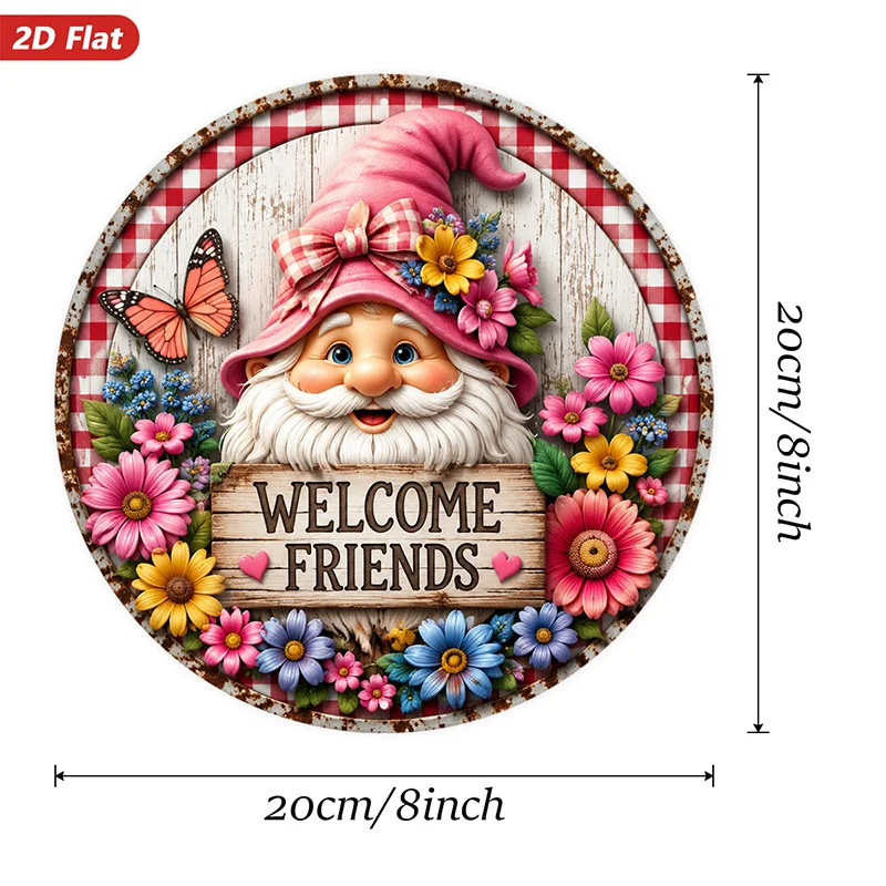 2D Flat, 1pc Welcome Friends Gnome Round Metal Sign Wall Art, Smiling Pink Gnome, Home Decor, Perfect for Corner Bedroom Study,