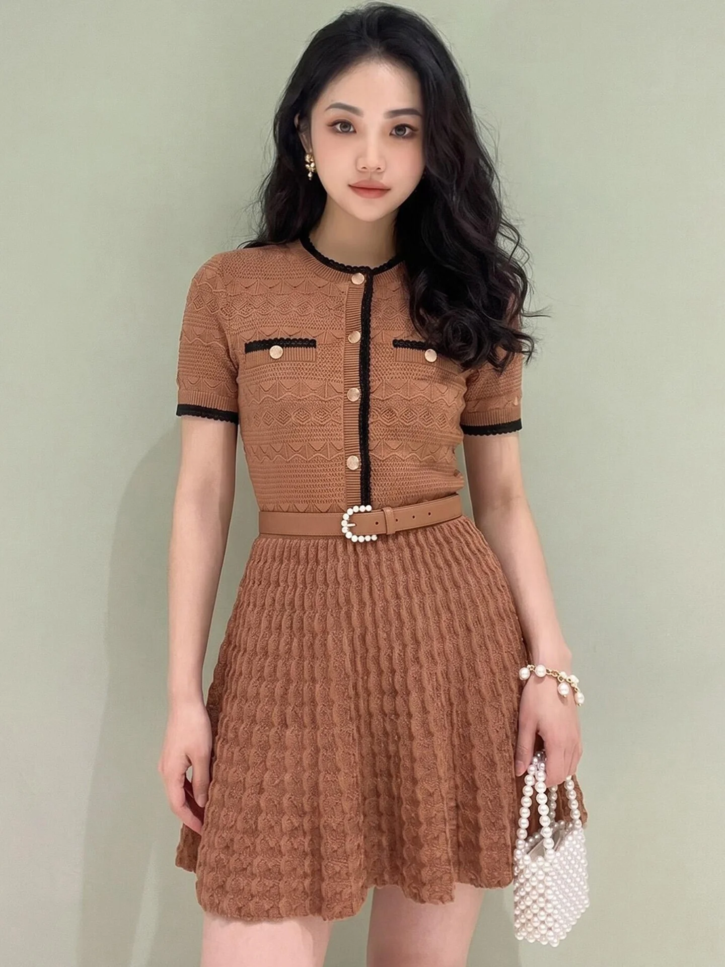 

High Waist Knitted Dress Hook Embroidery Waist Inning Summer New Style Premium Women's Fashion by SP Home South Oil
