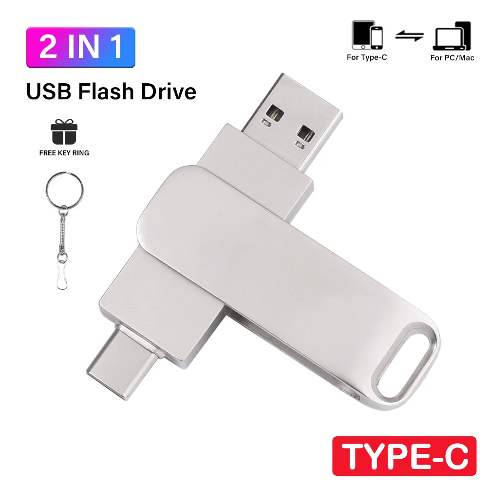 Pen Drive 2 IN 1 USB Flash Drive 128GB TYPE-C Memory Stick 64GB For Phone Pendrive 32GB Key Chain U Disk Rotatable Creative Gift