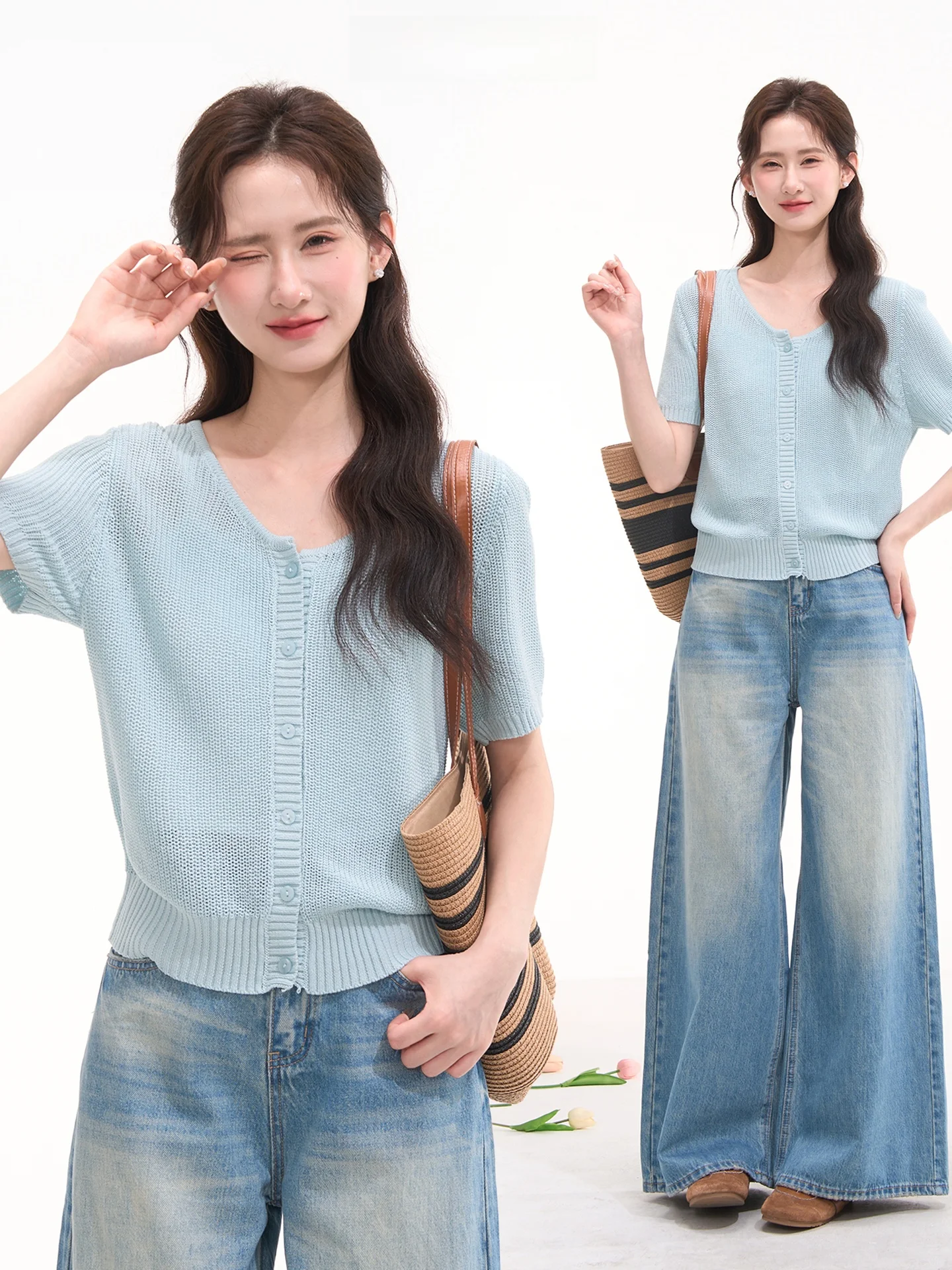 

Романтический летний простой льняной шелковый вязаный свитер с коротким рукавом, женский кардиган-топ, однотонный, с круглым вырезом, стандартный крой