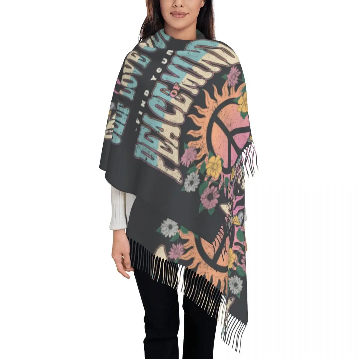 

Personalized Printed Peace Long Pile Fringe Men Scarf Women'S Anti Chill Scarf