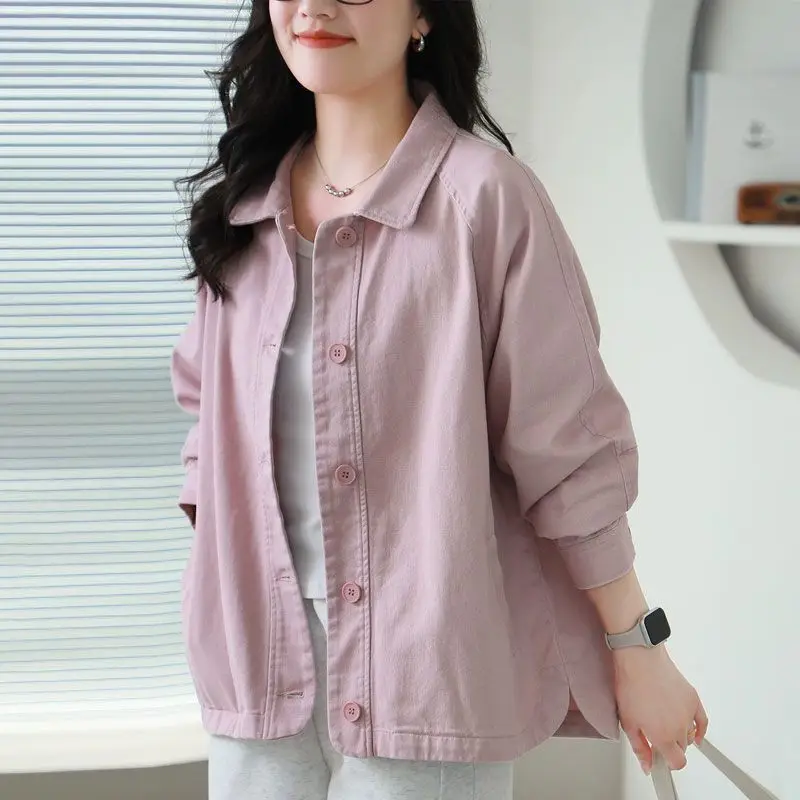 Chaqueta Casual de Algodón con Solapa para Mujer, Nueva Moda Primavera 2026, Chaqueta Cárdigan Versátil, Top Beige, Abrigo de Algodón Rosa para Otoño