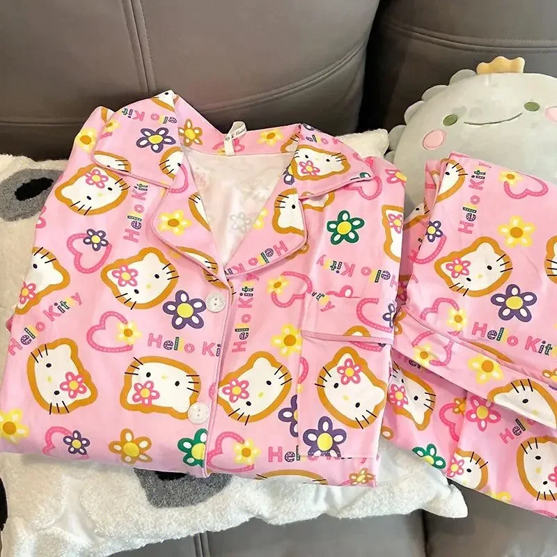 Piyama Hello Kitty wanita, set pakaian luar celana lengan panjang imut kartun Sanrio musim semi musim gugur dan dingin