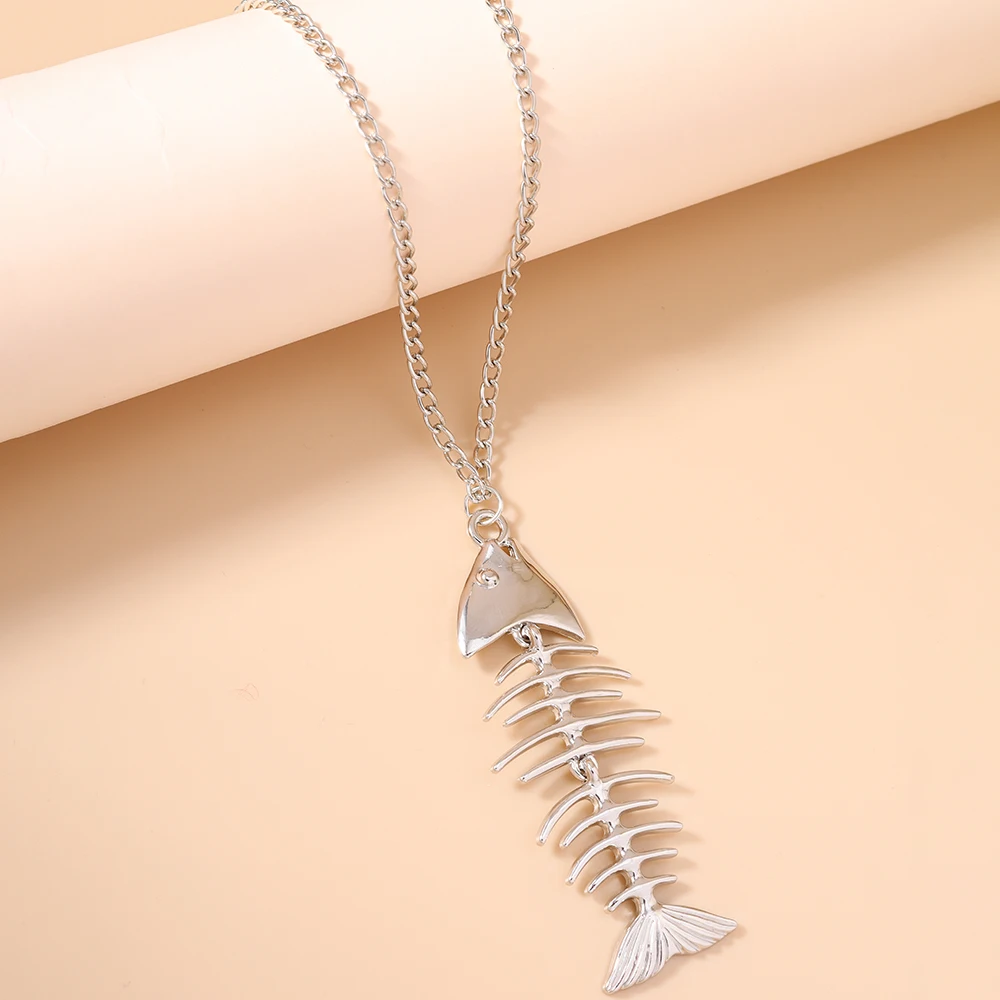 Aihua Neue Personalisierte Edelstahl Fisch Knochen Anhänger Halskette Für Frauen Männer Hip Hop Sommer Strand Urlaub Schmuck Geschenke – Detail 3