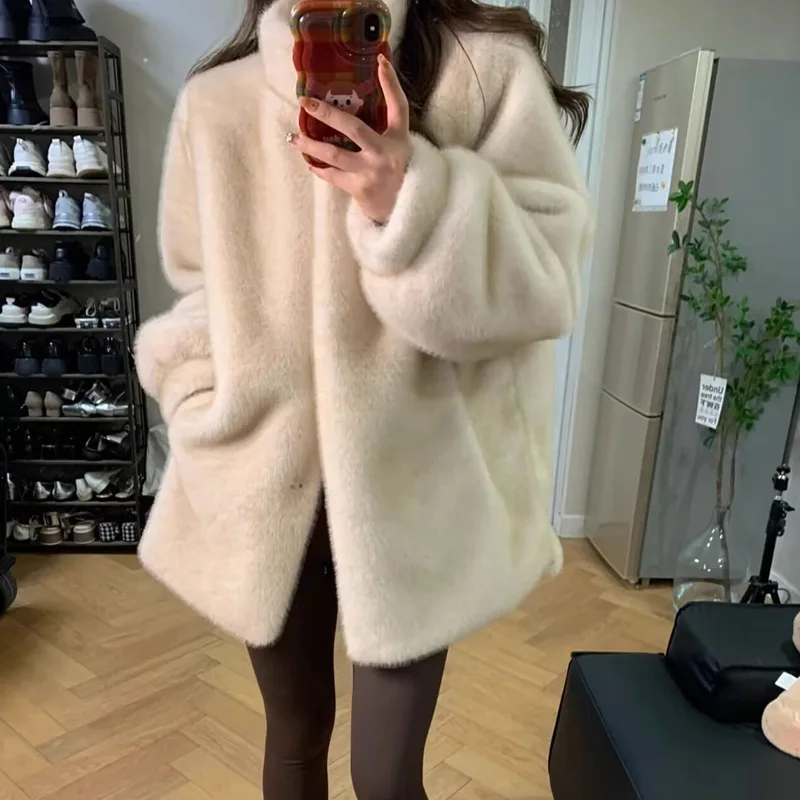 

Женские пальто из искусственного меха, куртки средней длины, пальто с воротником-стойкой, толстая уличная куртка Y2k, элегантная рабочая повседневная свободная осень-зима