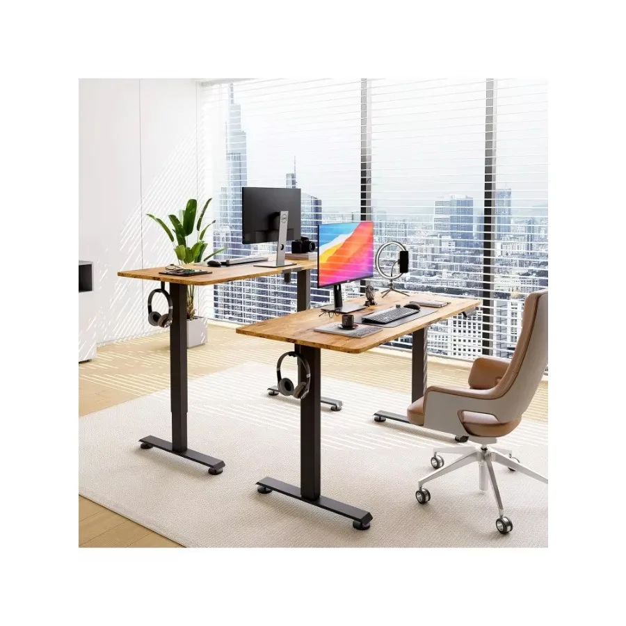 63" Electric Standing Desk, Height Adjustable Sit Stand Workstation with Wood Top, Brown