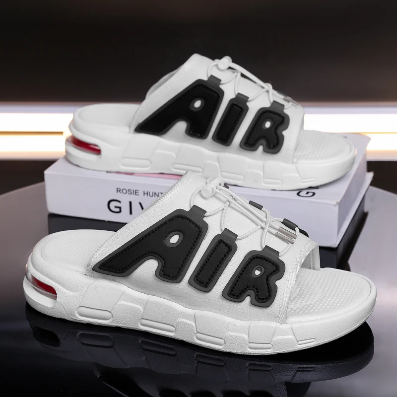 

2025 New Fashion Brand Slippers Summer Large Thick Bottom Sandals Air Cushioned Outdoor Slippers Single Row Men's Beach Slippers