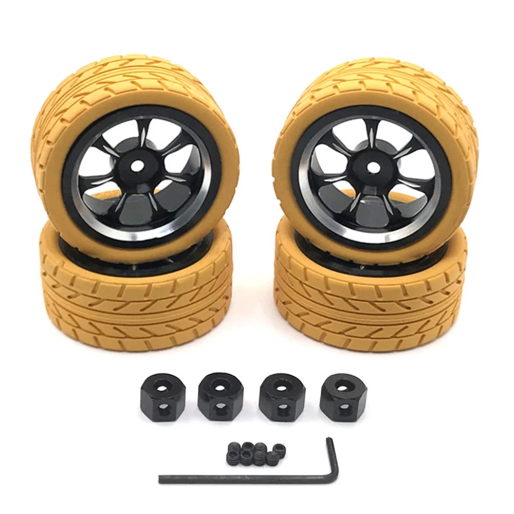 65mm Metal Wheel Rim Tire Tyre with 12mm Adapter for WPL C14 C24 MN D90 MN98 MN99S MN-90 RC Car Upgrade Parts,Yellow