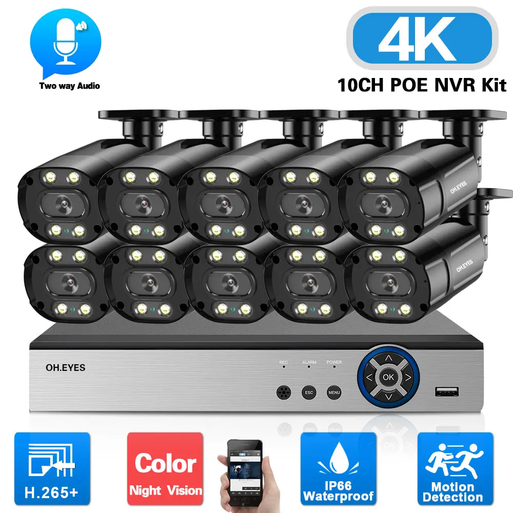 

4K POE Security Camera System Color Night Vision 8MP Video Surveillance Set 8CH 10CH NVR Kit 2 Way Audio CCTV IP Camera Set 4CH