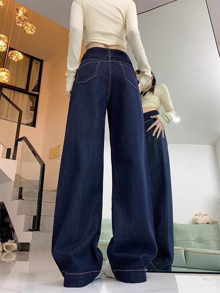 Jean en Denim à jambes larges pour femmes, bleu profond, grande taille, ample, droit, Double bleu, taille haute, pantalon amincissant, longueur au sol